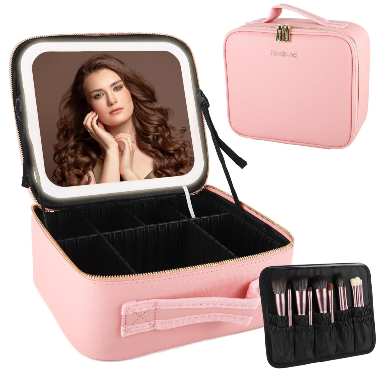 neceser de maquillaje para viaje con espejo y luz LED