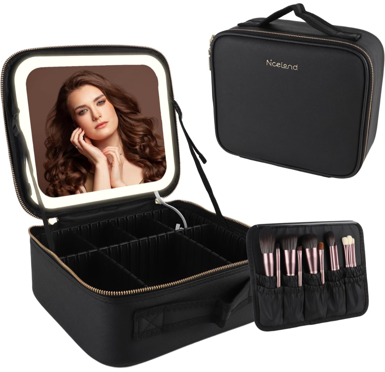 neceser de maquillaje para viaje con espejo y luz LED