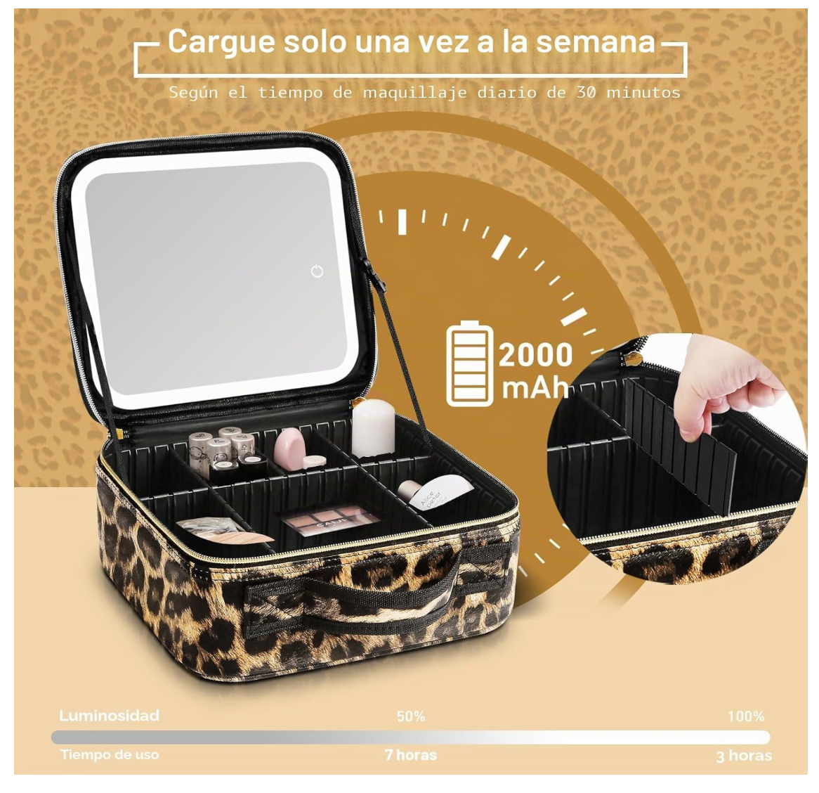 neceser de maquillaje para viaje con espejo y luz LED